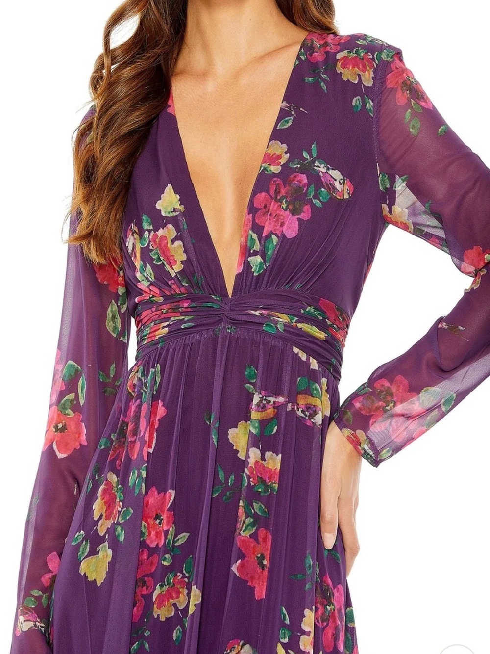 Mac Duggal Plum Floral Deep V Long Sleeve Dress